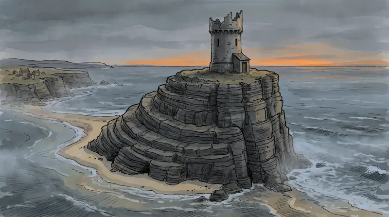 A Vigia das Marés, uma torre em ruínas no alto de um penhasco batido pelas ondas