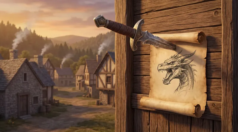 Uma adaga cravada em um mural de madeira prende um pergaminho com o desenho de um dragão rugindo, diante de uma vila rural ao entardecer